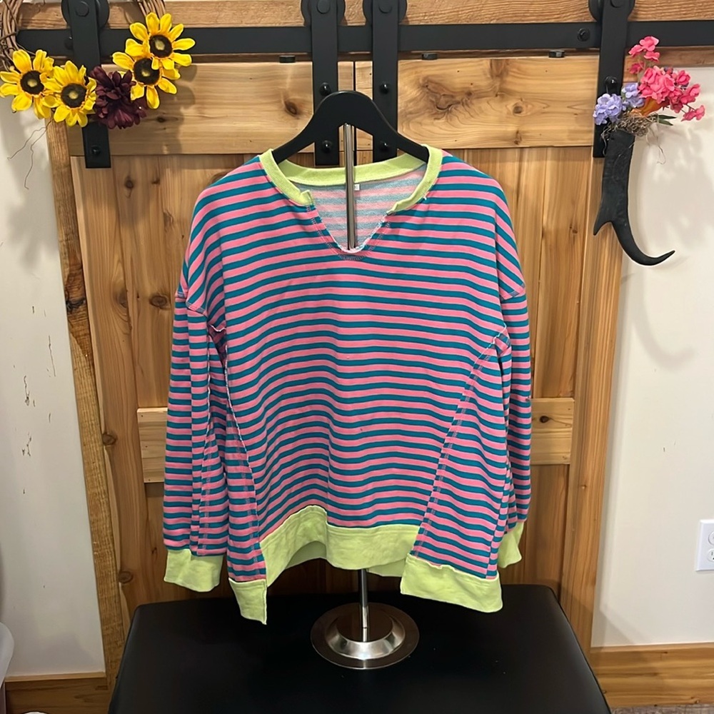 Striped Long-Sleeve Top in Pink & Blue with Lime Trim